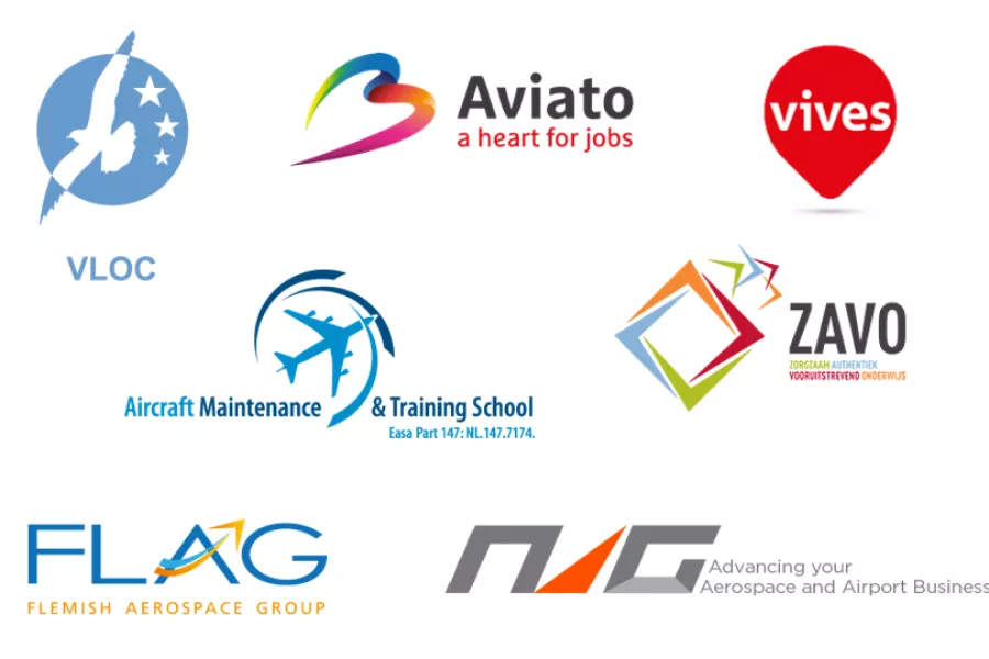logo's van VLOC, Aviato, Vives, Aircraft Maintenace &amp; training school, ZAVO, FLAG en NAG