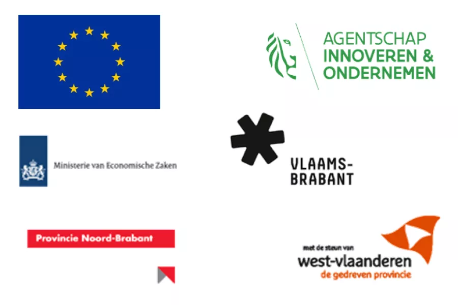 logo van EFRO, VLAIO, Provincie Vlaams Brabant, het Ministerie voor Economische Zaken en Klimaat en Provincie West-Vlaanderen